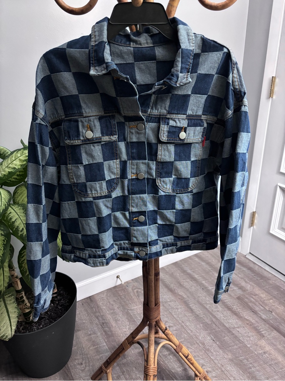 Checked Denim Jean Jacket - Blue